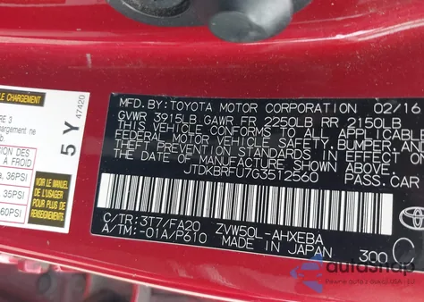 2016 Toyota Prius Two from USA, damaged, VIN JTDKBRFU7G3512560